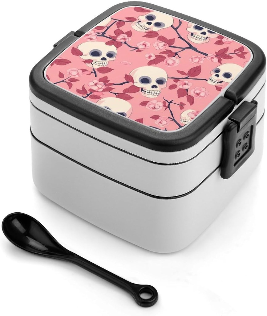 Cherry Flowers Skulls Stackable Bento Box for Adults Double Layer Lunch Boxes Set with Spoon And Invisible Handle