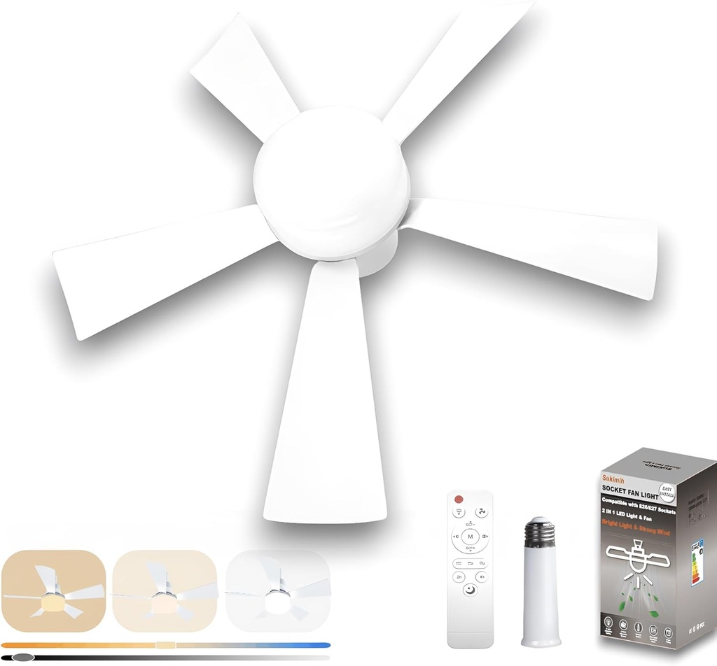 Socket Fan Light with Remote, 20.5", Small Ceiling Fans with Lights, 3 Colors Dimmable Led Bulb, Easy Install Screw in E26/E27 Base for Bedroom Living Room Kitchen Garage (White)