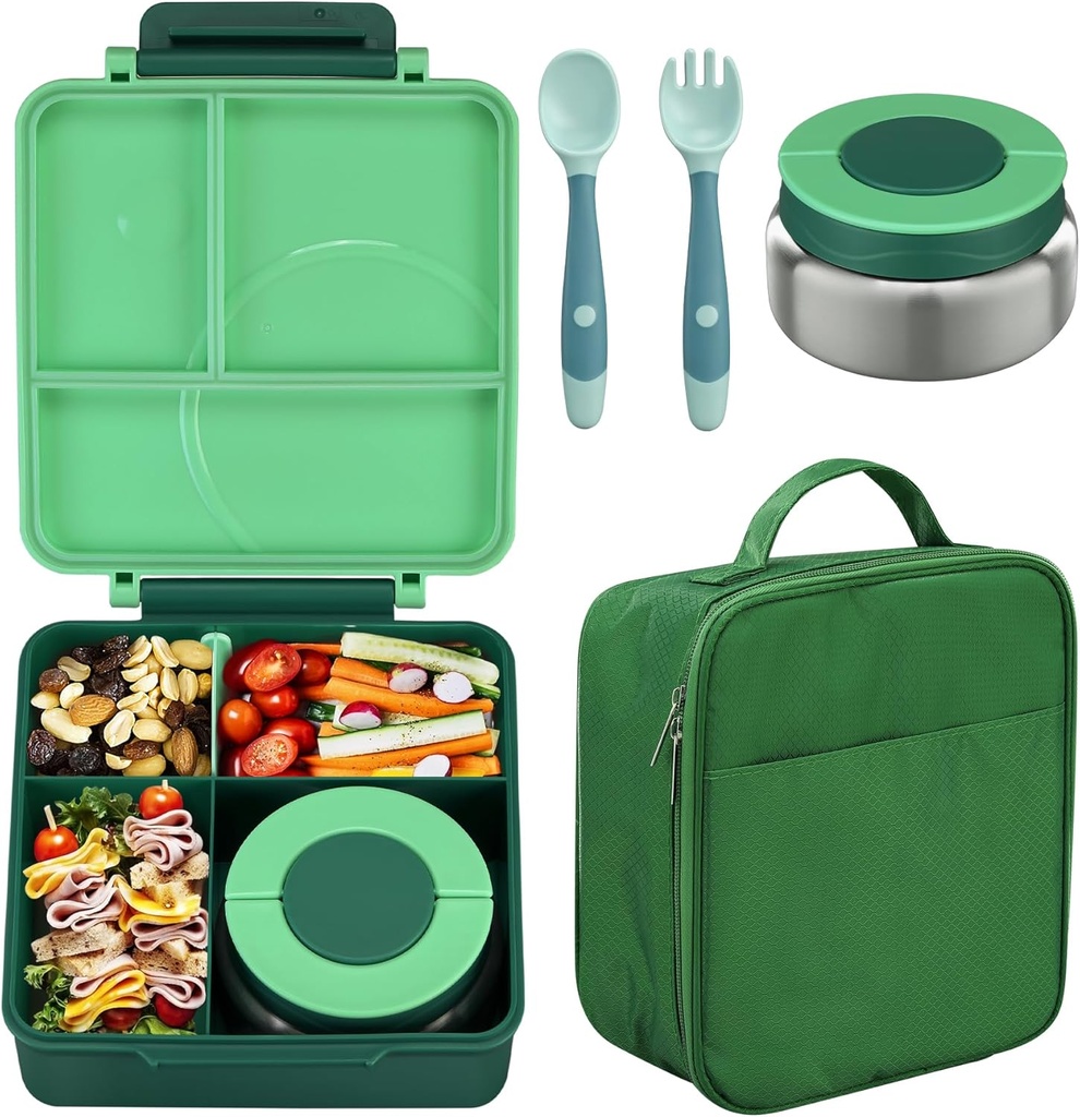 Bento Lunch Box Set for Kids with 8oz Soup Thermo, Leak-Proof Lunch Containers with 4 Compartment, Kids Thermo Hot Food Jar and Insulated Lunch Bag for School-Deep Green