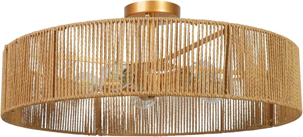 24" Natural Rattan Ceiling Light, Semi Flush Mount Gold Ceiling Light Fixture, 5-Light Boho Chandelier Antique Brass Brush Paint Farmhouse Lamp Fixture for Bedroom Living Room Kitchen Island