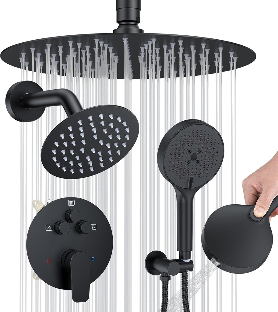 Shower Faucet Set Matte Black Shower System, 12" Ceiling Mount Shower Head Sets, Round Rain Shower Head and Handheld Set (12" Matte Black)