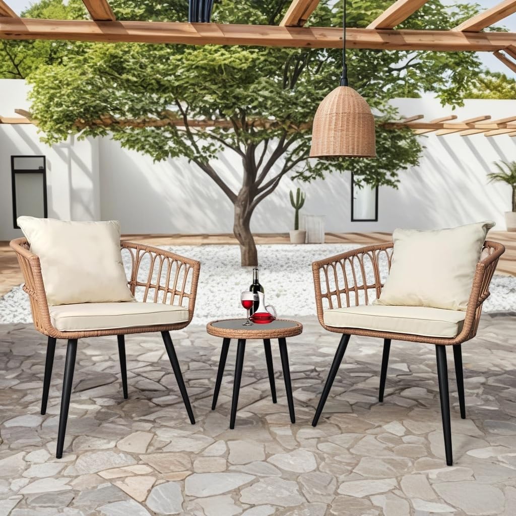 3 Piece Patio Bistro Set, Outdoor Rattan Furniture Set W/ 2 Chairs and Glass Table All-Weather Rattan Patio Conversation Set for Porch, Backyard, Balcony(Beige)