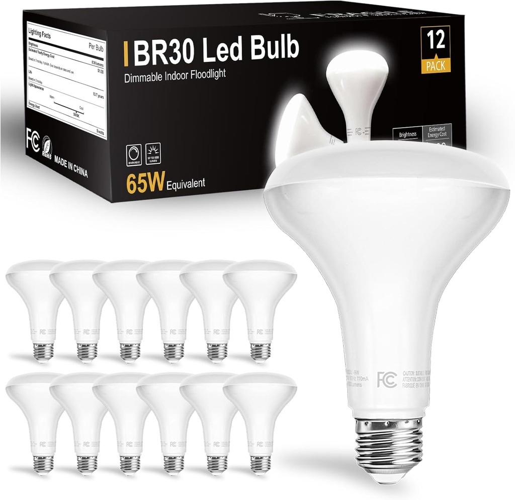 dalattin 12 Pack BR30 LED Bulbs 65W Equivalent, Dimmable Indoor Flood Lights 5000K Daylight White, 9W, 800 Lumens, E26 Base, LED Recessed Light Bulb for Living Room, Bedroom, Bathroom, Kitchen