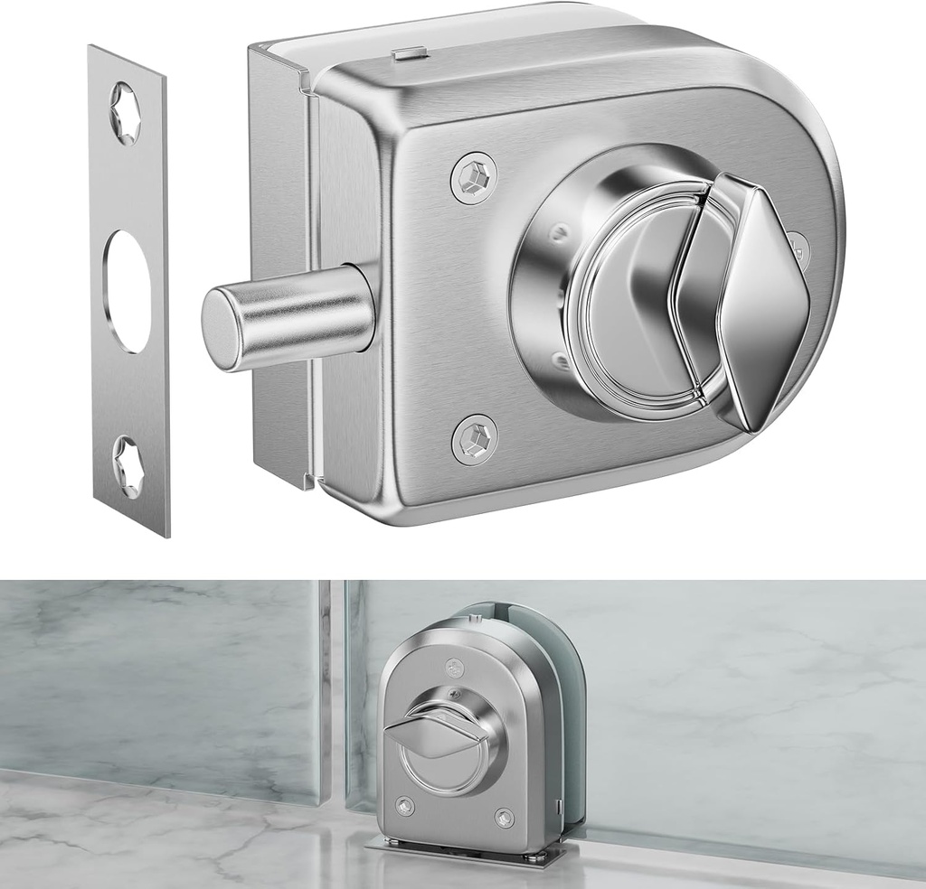 Ranbo Frameless Glass Door Floor Lock, Clamp-On No-Drill, 304 Stainless Steel, Fits 3/8"–1/2" (10–12 mm) Swing/Sliding Doors — Ideal for Office, Entrance,Storefront,Top or Bottom Mount,Brushed Nickel