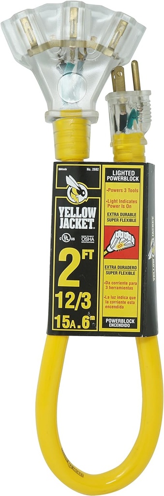 Yellow Jacket 2882 12/3 Heavy Duty 15-Amp, 125 Volts 1875 Watts, Premium SJTW Contractor Grade 3 Outlet Extension Cord with Lighted End, 2-Feet, Yellow, UL Listed, 2 Foot,…