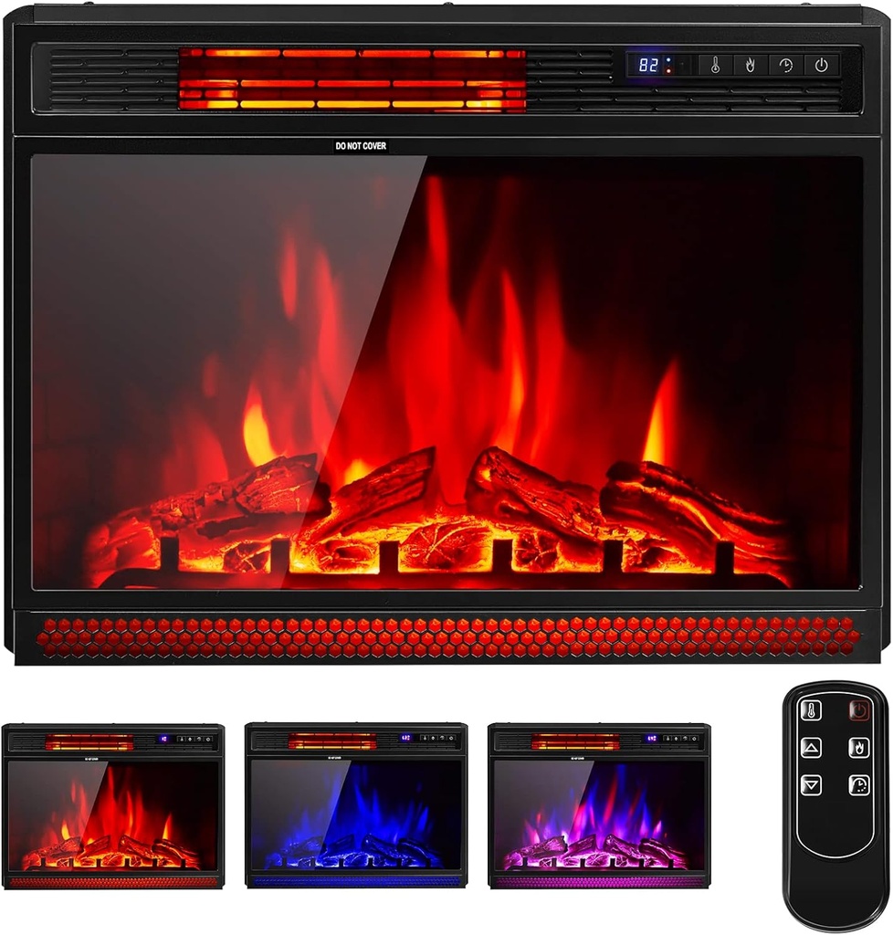 COSTWAY Electric Fireplace Insert 25-Inch Wide, 900/1350W Recessed and Freestanding Heater with Remote Control, 3 Flame Colors, 4 Brightness, Adjustable Temperature, Electric Fireplace for Indoor Use