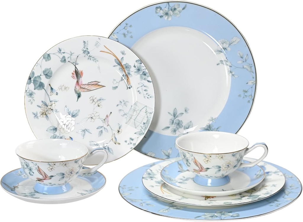 Bone China Dinnerware Set, 8 Piece Dinnerware Set for 2, Vintage Floral Dinnerware Sets, Bone China Plates and Tea Cup Sets, Service for 2