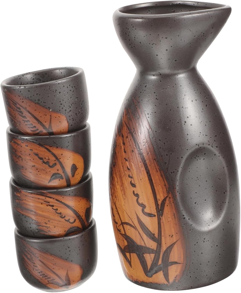 STOBAZA Set of 5 Japanese Traditional Sake Pot Cups Ceramic Sake Flask Easy-pour Spout
