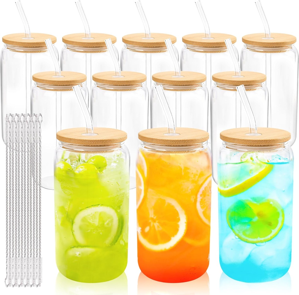 Joyclub 12 Set Glass Cups with Bamboo Lids and Straws 16oz Can Shaped Reusable Iced Coffee Cups with Lids, Drinking Glasses Tumbler with Straw and Lid for Soda Boba Tea Cocktail Whiskey Gift
