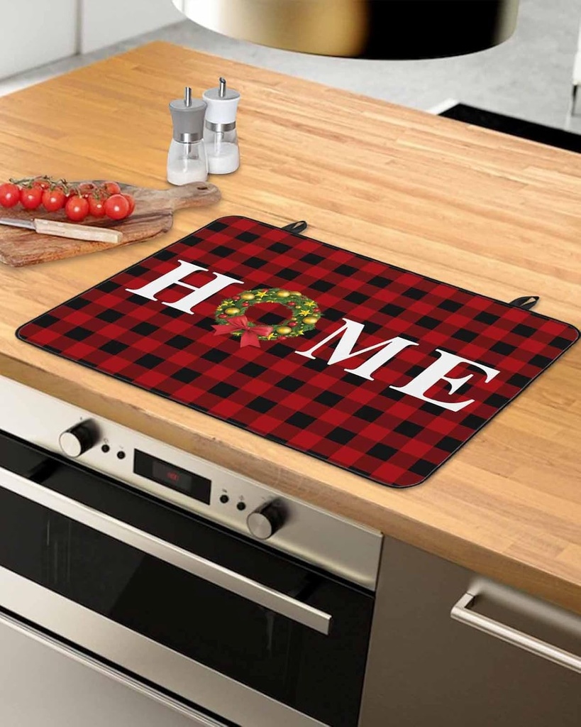 Christmas Countertop Burners Protection Mats for Kitchen, Christmas Bow Wreath Winter Red Plaid Rubber Stove Top Cover Mat, Heat Proof Mats Cooktop Cover for Counter Dish Drying Mat, 31"x24"