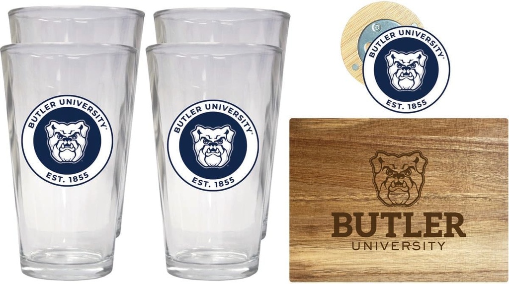 R and R Imports Butler Bulldogs Officially Licensed Kitchen Pack - Wood Cutting Board, 4 Pint Glasses & Magnetic Bottle Opener