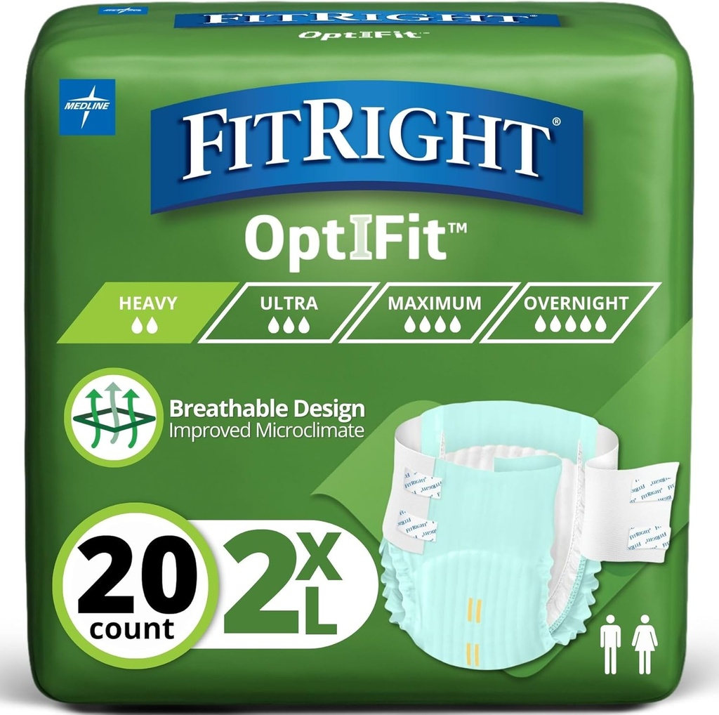 FitRight Adult Diapers, Extra Heavy Absorbency, 2XL (Waist Size 60in-70in), 20 Count, OptiFit Incontinence Briefs for Men and Women, Disposable, Moisture Wicking, Leak Protection,