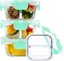Bariatric Meal Prep Containers, 8 oz Bariatric Portion Control Food Storage Containers with Two 4 oz Compartments (3 Pack), Reusable Glass Snack Containers with BPA Free Airtight Lids (Light Green)