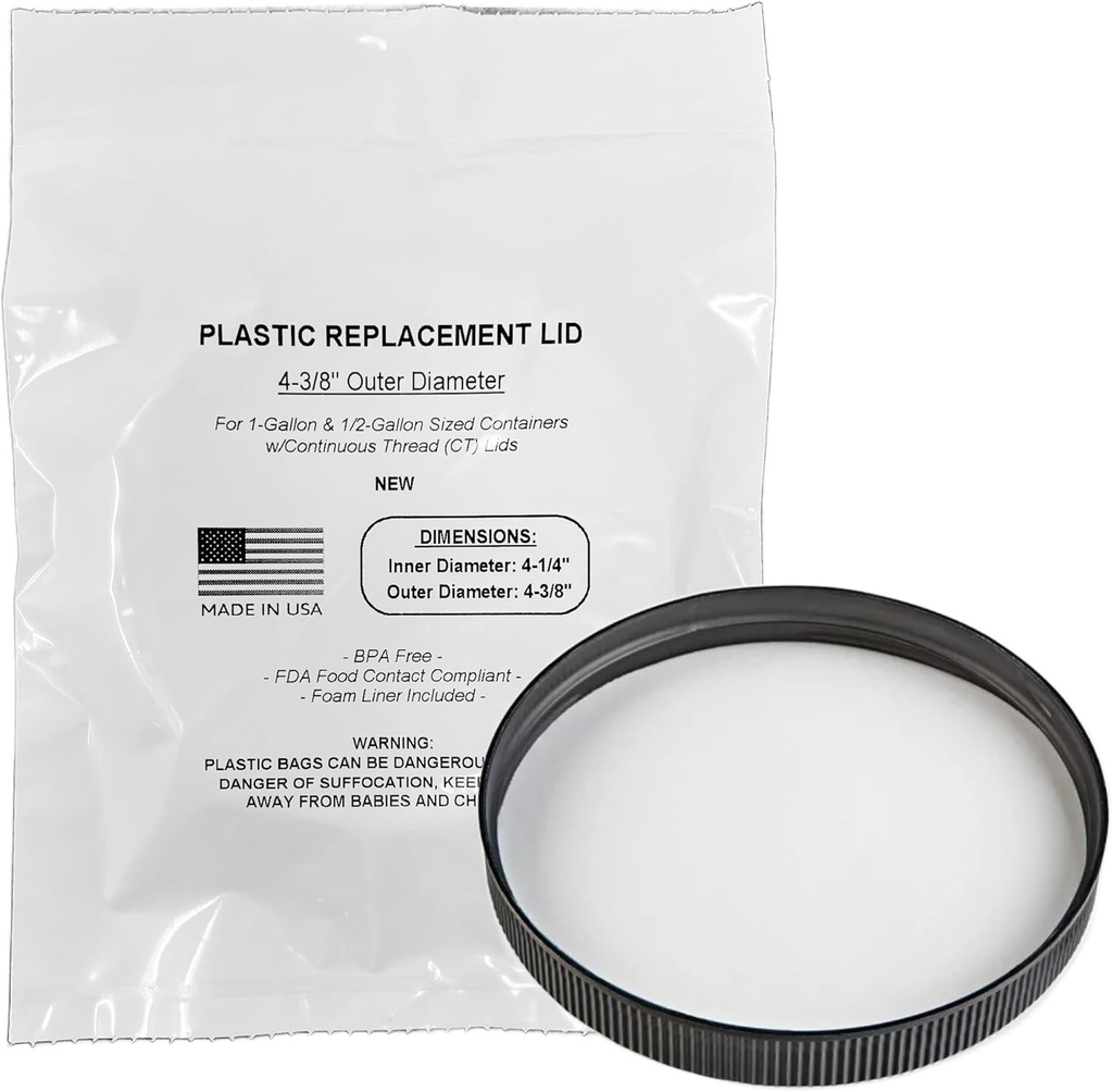 Lid for 1-Gallon and 1/2-Gal Size Plastic/Glass Storage Containers, Jars w/Continuous Thread, 4-3/8" Diameter - Made in USA, Screw-On Food Grade Cap (Black, Foam Liner)