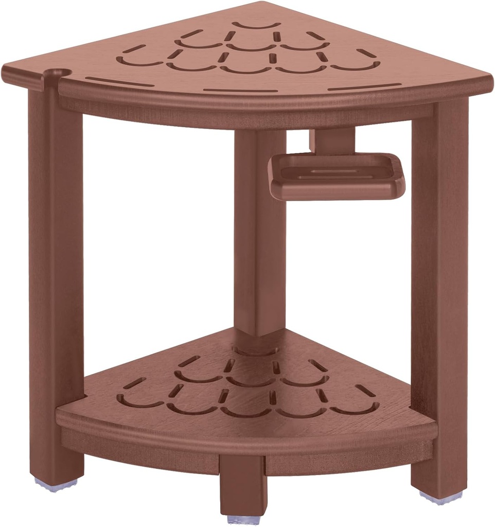 nalone Corner Shower Stool, HDPE Shower Bench for Inside Shower, Small Shower Chair Seat for Shaving Legs with Storage Shelf, Soap Box and No-Slip Feet (Brown)