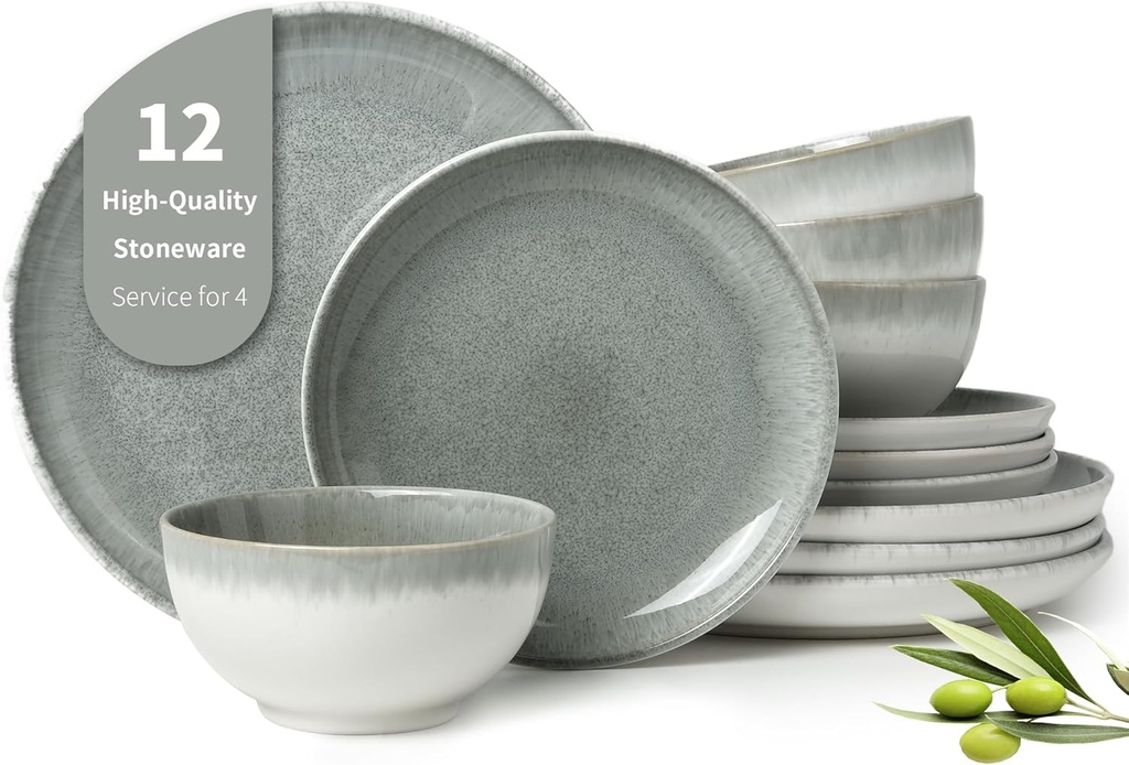 Gradient Green Stoneware Dinnerware Sets, 12 pcs Reactive Glaze Plates and Bowls Sets, Handmade Ceramic Round Dishes Set for 4, Highly Chip and Crack Resistant Modern Plate Set