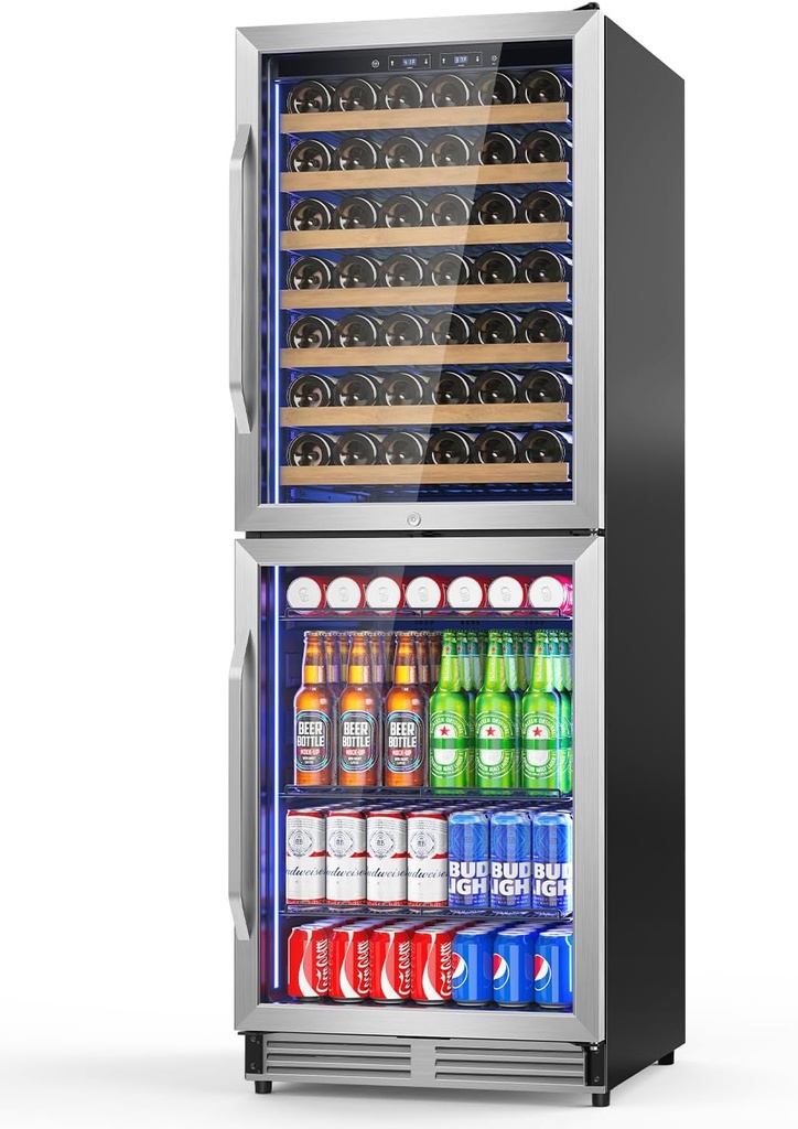 24 Inch Wide Wine and Beverage Refrigerator, 2 IN 1 Dual Zone Wine Cooler, Built-In/Freestanding Beverage Wine Fridge with Safety Lock, Low Noise and Fast Cooling Silver