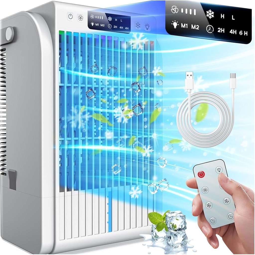 Portable Air Conditioners,4 Wind Speeds 1500 ML Quiet Portable AC,with Remote,and 7-color LED light,2 Speeds Humidifier 2-6H Timer Evaporative Air Cooler,Ideal for Bedrooms/Living Rooms/Offices