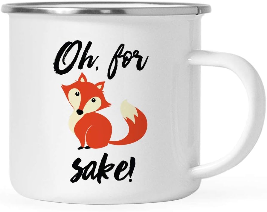 Andaz Press 11oz. Funny Witty Stainless Steel Campfire Coffee Mug Gag Gift, Oh for Fox Sake, Fox Graphic, 1-Pack, Metal Enamel Camping Cup Birthday Christmas Ideas with Gift Box