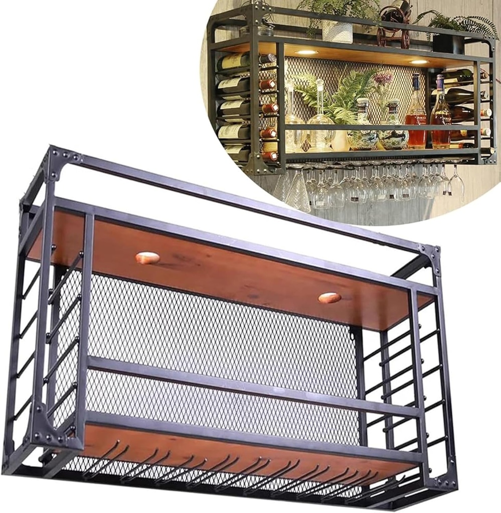 Wall Mounted Wine Rack,Wall Mounted Wine Display Rack with Glass Holder,Wine Glass Holder,Bar Unit Floating Shelves for Bar,Restaurants,Kitchen Or Wine Cellar(Size:100 * 30 * 55cm)