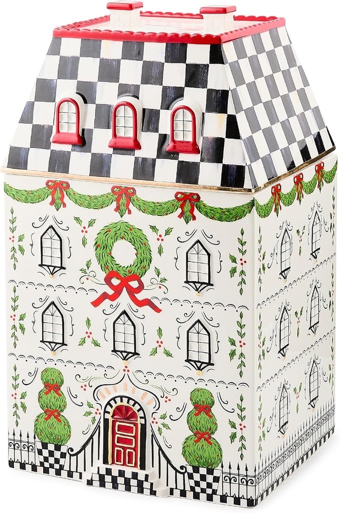 MACKENZIE-CHILDS Ceramic Cookie Jar, Christmas Container, 12.5 Inches Tall, 19-Cup Capacity, Holly Village