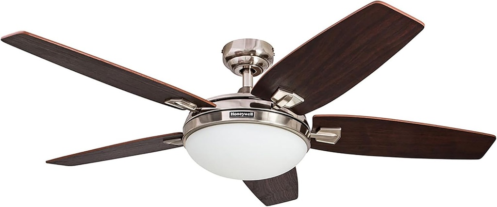 Honeywell Ceiling Fans Carmel, 48 Inch Contemporary Indoor LED Ceiling Fan with Light, Remote Control, Dual Mounting Options, Dual Finish Blades, Reversible Motor - 50196-01 (Brushed Nickel)