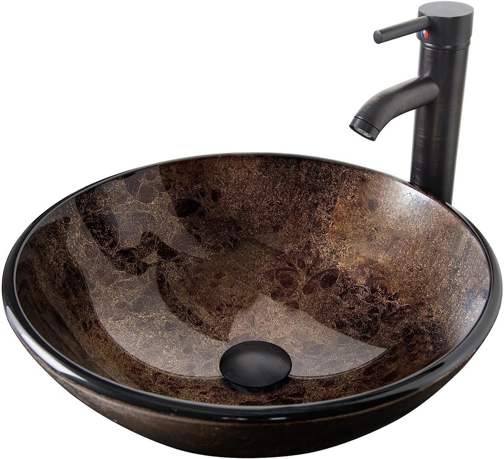 YOURLITE Bathroom Vessel Sink – Modern Tempered Glass Washing Bowl with Oil Rubbed Bronze Faucet and Pop Up Drain 16.5 Inch