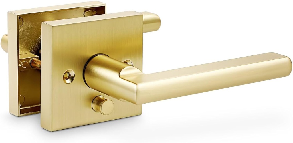 Linkaa Brass Gold Privacy Lever Door Handle Interior Levers, Keyless Door Lock with Adjustable Latch and Screws, Easy Install，Fit Standard Door (Pivacy，Push Button Lock，Satin Brass，1 Pack