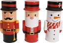 3pcs Christmas Characters, Novelty Shaped Tall Tin Canister (Nutcracker, Snowman, Santa) for Decor, Treats, Cookies, Favors, Storage and Gifts