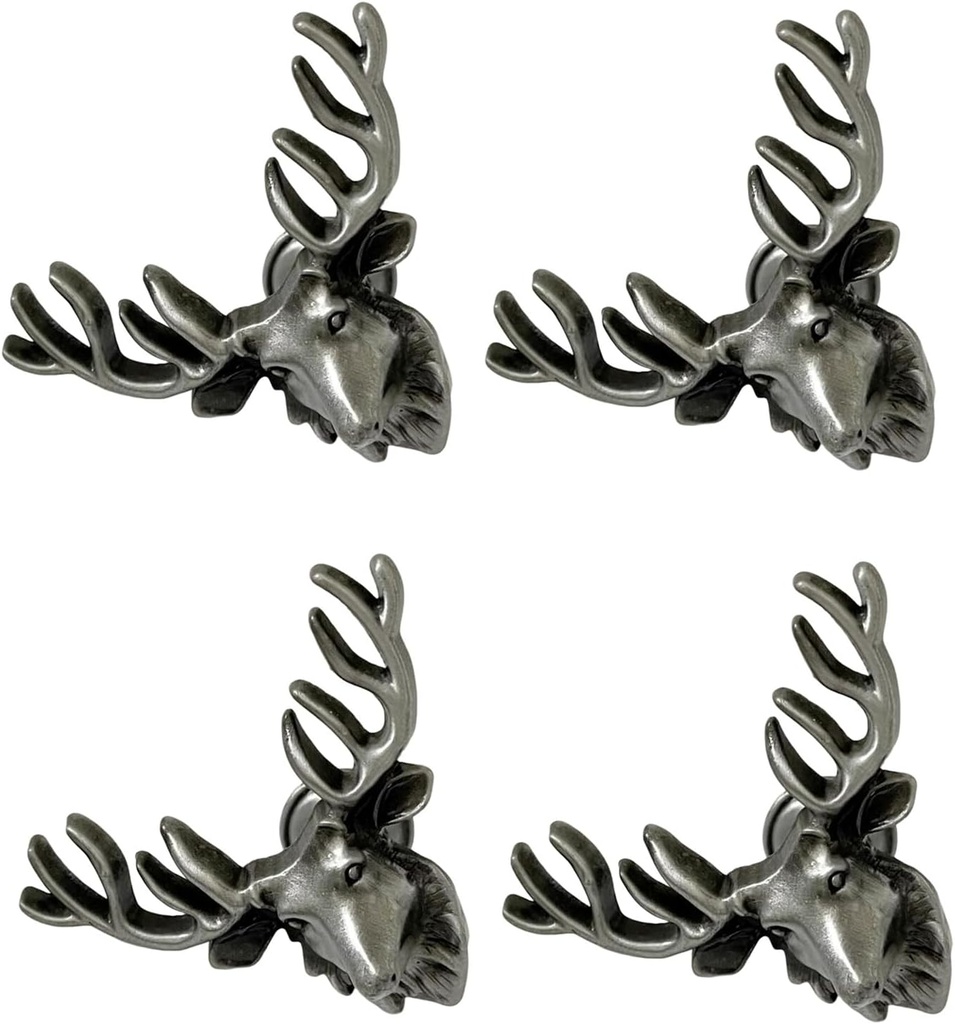 4PCS Reindeer Head Knobs,Creative Deer Head Single Hole Handles, Hardware Knob for Furniture Cabinet Closet Drawer Box Door Drawers Dresser Handles (Silver)