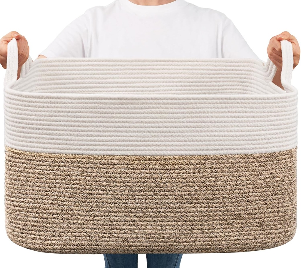 Goodpick Large Woven Blanket Basket, 21.6" x 14.9" x 11.8" Storage Baskets for Organizing, Rectangle Cotton Rope Toy Basket for Living Room, Bedroom, White & Brown