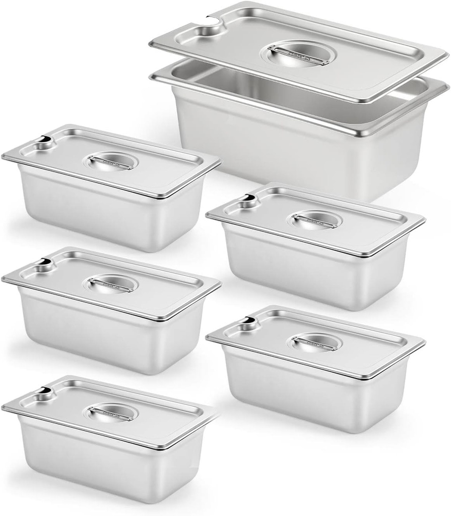 CURTA 6 Pack Anti-Jam Slotted Hotel Pans with Lids, 1/4 Size 4 Inch Deep, NSF Commercial 18/8 Stainless Steel Chafing Steam Table Food Pan with Covers