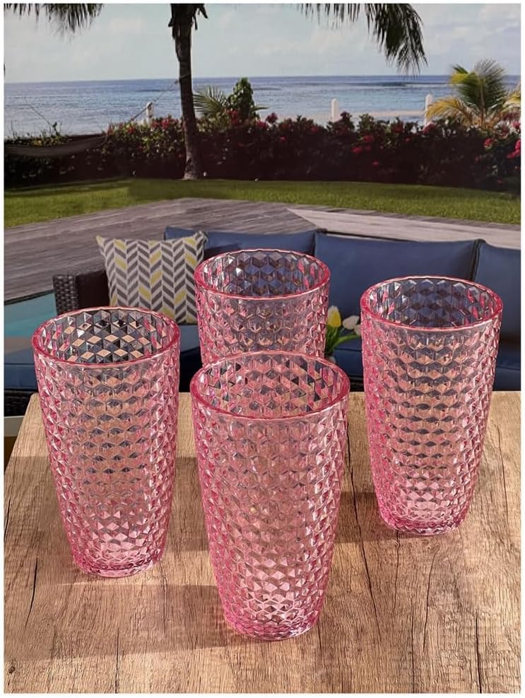 Acrylic Diamond Cut Pink Drinking Glasses Set of 4 (19oz), Premium Quality Unbreakable Stemless Acrylic Drinking Glasses for All Purpos
