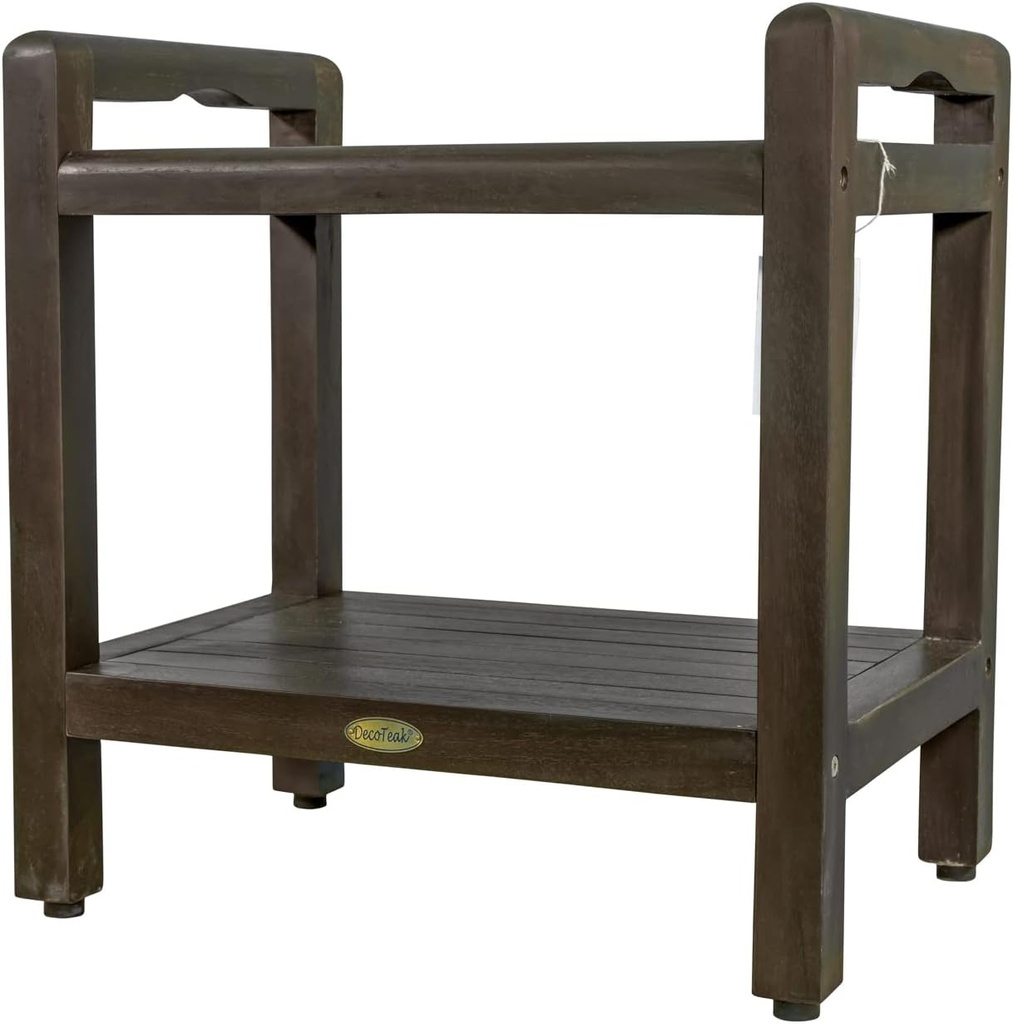 DecoTeak 20 Inch with LiftAide Arms Brown Waterproof Teak Wood Shower Bench Stool Seat Chair for Inside Shower Provides Safety, Storage, and Organization for Bathroom Accessories