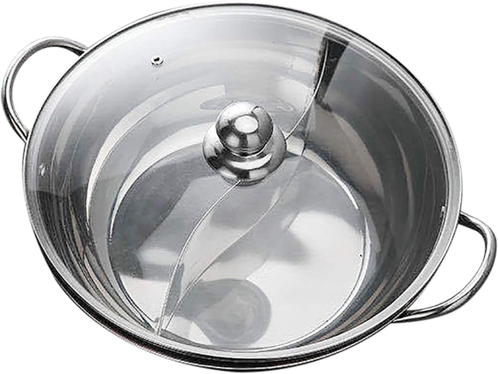 12 Inch Divided Hotpot Pot Stainless Steel Pot with Divider Hot Pot Two-Flavor Soup Pot Shabu Shabu Pot with Glass Lid for Induction Cooker, Gas Furnace, Electric Furnace, Ceramic Hob