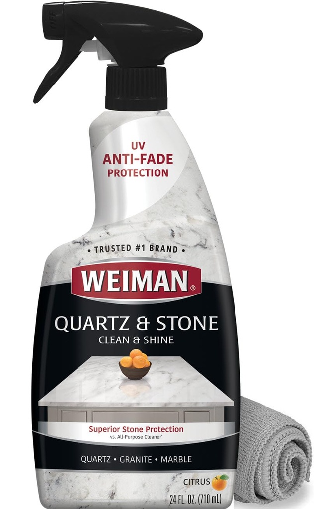 Weiman Quartz Countertop Cleaner and Polish - Clean and Shine Your Granite, Marble Countertops, Kitchen Island, and Stone Surfaces with UV Anti-Fade Protection, Citrus, 24 Ounce with Microfiber Cloth