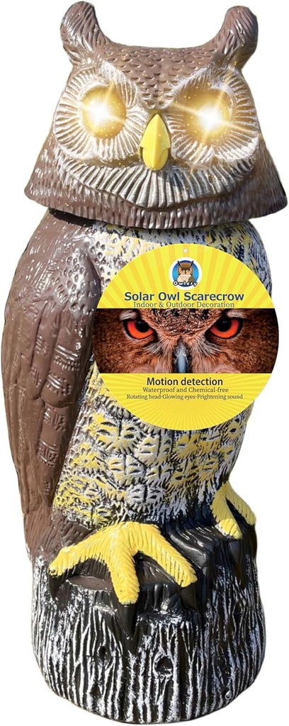 Solar Owl Guard with Motion Detector, Flashing Eyes, Spinning Head, Realistic Hooting and Silent Mode, Garden Owl, Outdoor Statue, Decoration for Home, Garden, Patio and Fence