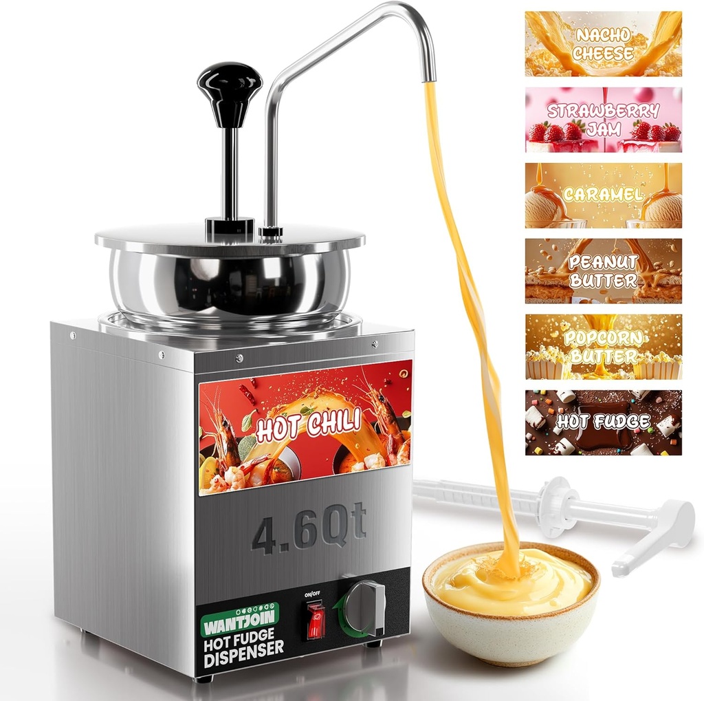 WantJoin Commercial Cheese Warmer Dispenser - 4.6QT Nacho Cheese Warmer with Pump & 86-185°F Temperature Control, Stainless Steel Hot Fudge Warmer for Nacho Cheese, Caramel, Chocolate Sauce