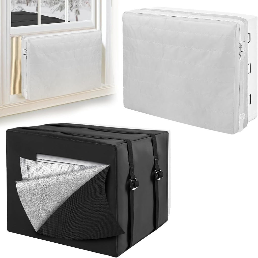 2 Pack Windproof Window AC Cover for Indoor Outdoor - Insulation Air Conditioner Unit Covers with Drawstring for Winter Inside 27.5''W × 20''H × 3.5''D and Outside 27.5''W × 18.5''H × 22.5''D