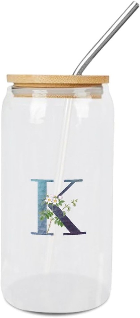 Glass Cups with Bamboo Lids And Straw 16 Oz, Watercolor Floral Initial Alphabet K Monogram Letter Iced Tea Glasses Drinking Glasses Set Tumbler Glass Can Coffee Cups, Drinking Glassware