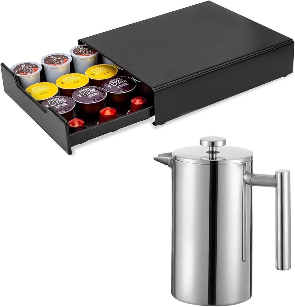 French Press Stainless Steel 12oz and Coffee Pod Holder Drawer Compatible with K-Cups, Nespresso and Dolce Gusto