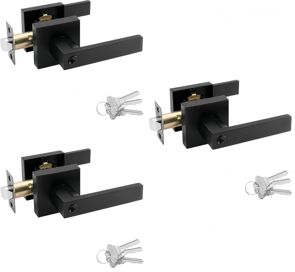 3Pack Entry Door Handle with Lock and Keys,Exterior Front Door Lever,[Keyed Alike] Same Keys Reversible Lever for Right & Left Side,Ideal for Interior Door Entrance and Bedrooms(Matte Black)