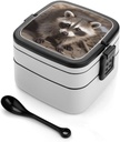 Cub Raccoon Bento Box with Compartments Double Layer Bento Lunch Box with Spoon And Handle All-in-One Adult Lunchbox Leakproof Lunch Container for Work Picnic Travel