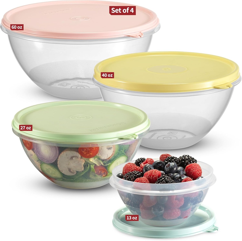 Food Storage Containers with Lids Set of 4 - 60oz, 40oz, 27oz, 13oz Meal Prep Containers Reusable Plastic – Food Safe Round Nesting Bowls with Airtight Leakproof Lids – Freezer and Dishwasher Safe