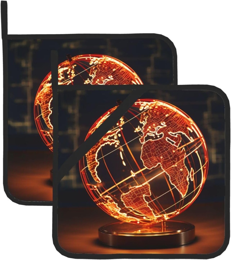 Electric Globe Print Pot Holder Set of 2 Hot Pads Heat Resistant Waterproof Kitchen Potholder for Cooking Baking Grilling BBQ Microwave