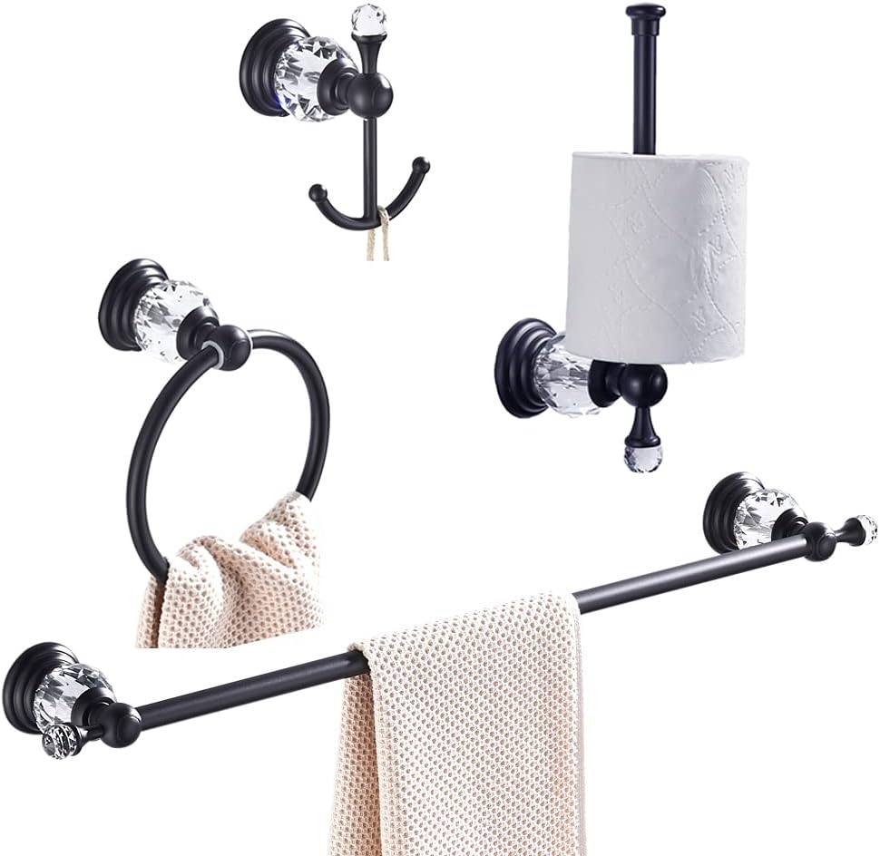 Leyden Crystal Bathroom Hardware,Matte Black Adjustable 24 Inch Towel Bar Toilet Paper Holder Towel Ring Coat Hooks 4 Pieces Wall Mounted