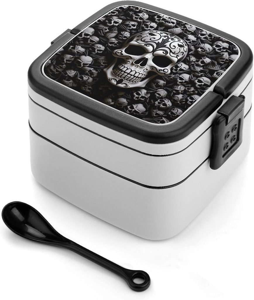 Stackable Double-Layer Bento Box Black And White Skulls Adults Lunchbox With Spoon Cute Japanese Bento Box Dishwasher Safe for Work Travel Dining Outc