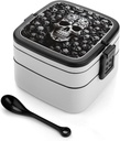 Stackable Double-Layer Bento Box Black And White Skulls Adults Lunchbox With Spoon Cute Japanese Bento Box Dishwasher Safe for Work Travel Dining Outc