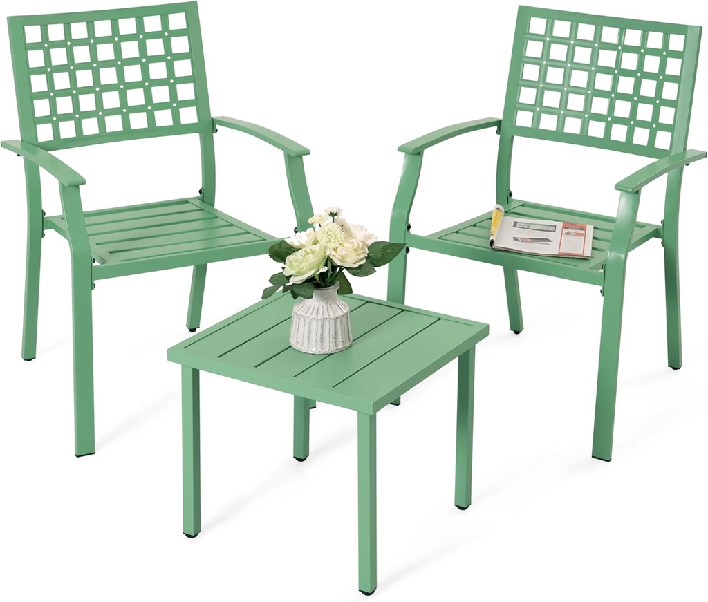 NUU GARDEN 3 Pieces Outdoor Bistro Set, All-Weather Patio Furniture with 2 Metal Stackable Chairs and Square Table, Waterproof Set for Balcony, Porch, Garden, Deck, Green