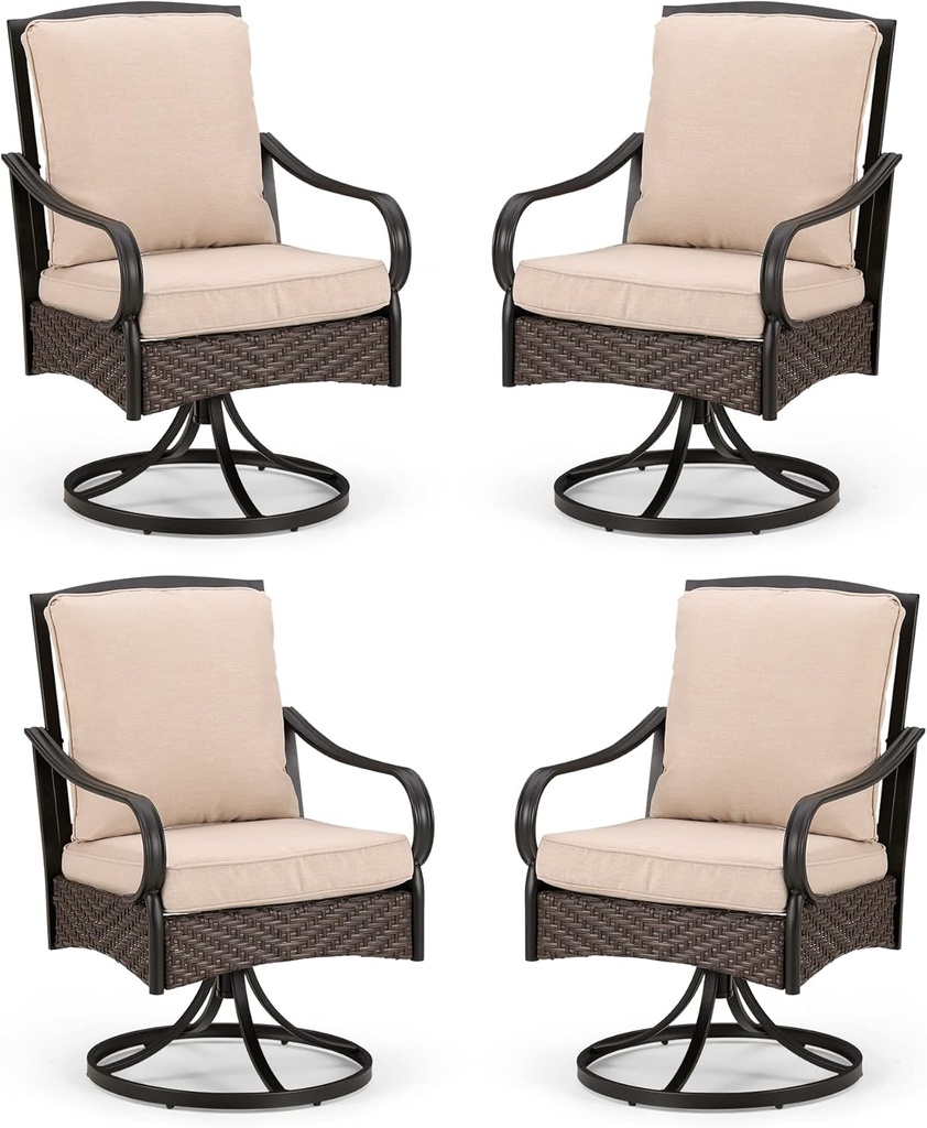 PHI VILLA Patio Swivel Chairs Set of 4, Heavy Duty Outdoor Metal Wicker Dining Chair with Thickened Cushions, Large All Weather Wrought Iron Deck Chair Lawn Furniture Support 300lbs